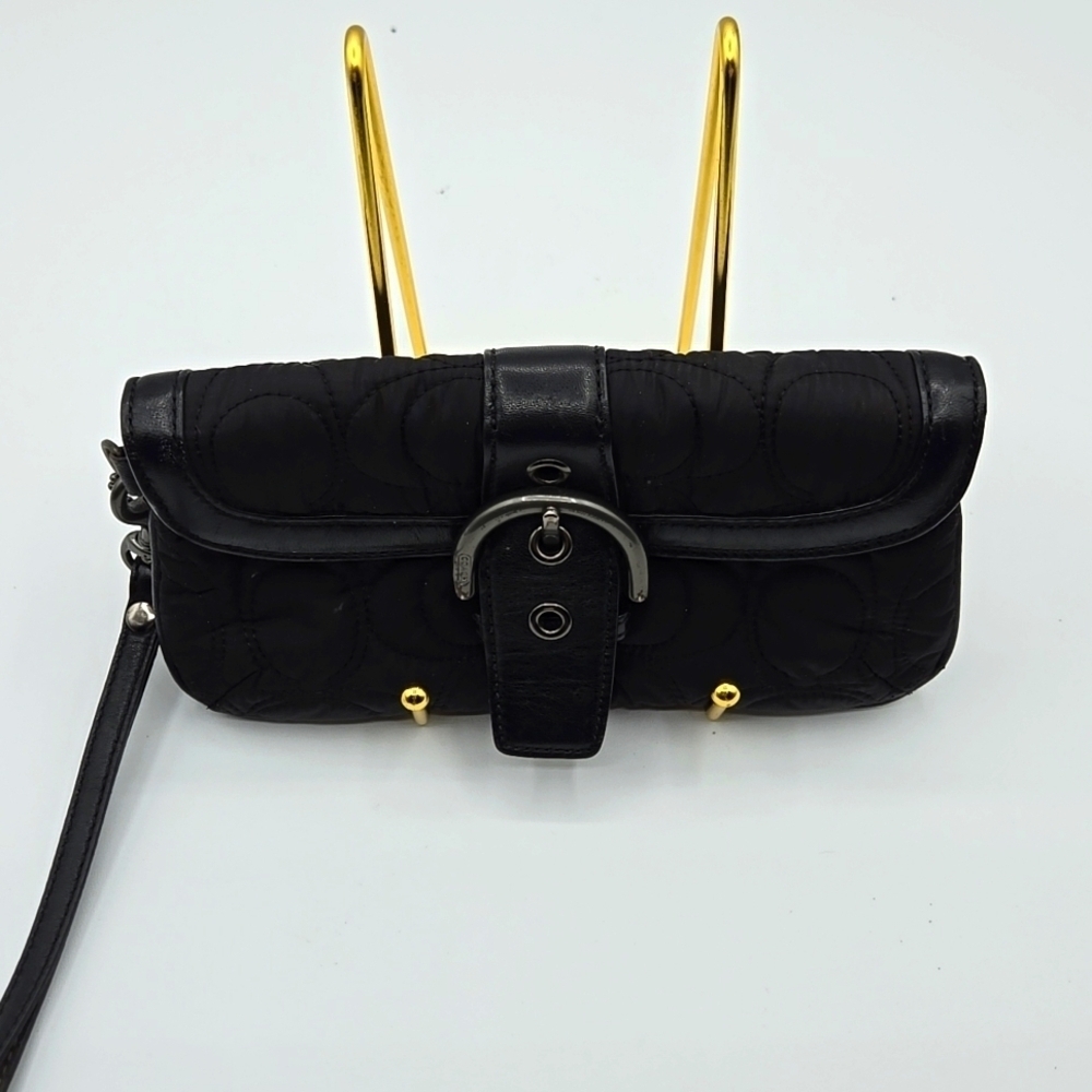 COACH Wristlet Puffer Black Material w/ Signature C Print Chrome Belt Closure - Picture 4 of 9